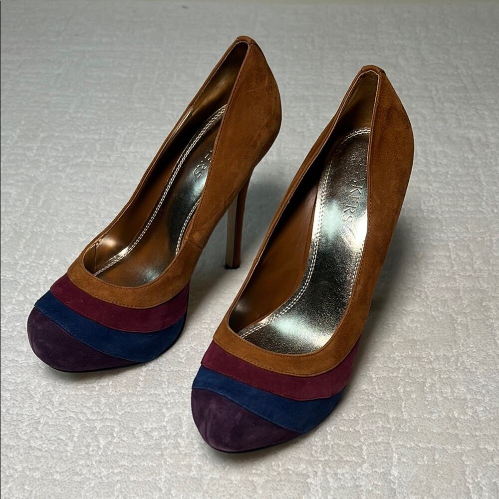 Bakers Lita platform stiletto heels suede leather tan blue burgundy brown 9